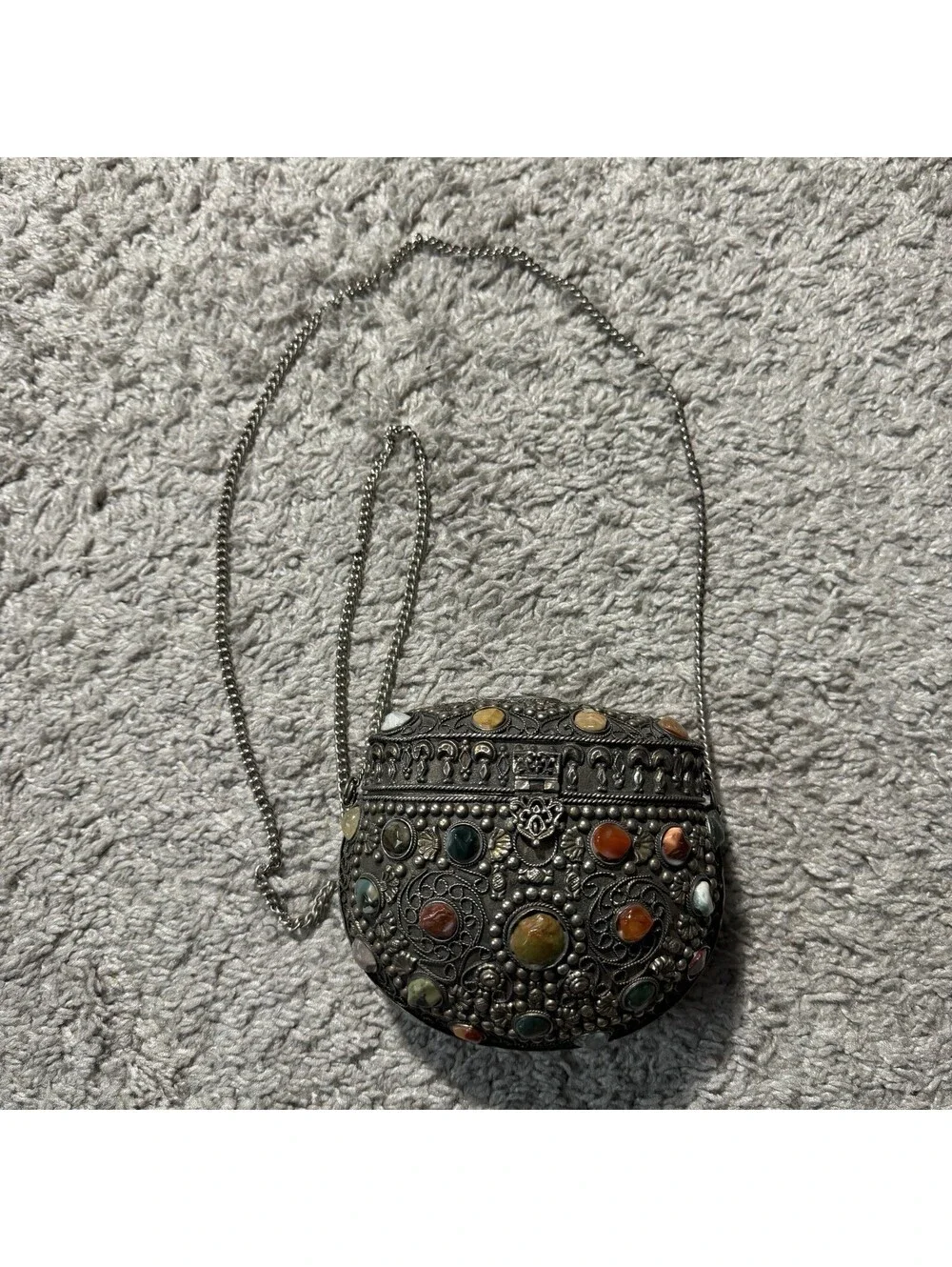 Vintage Sajai Metal Crossbody Purse with Natural Agate Stones Chain Strap